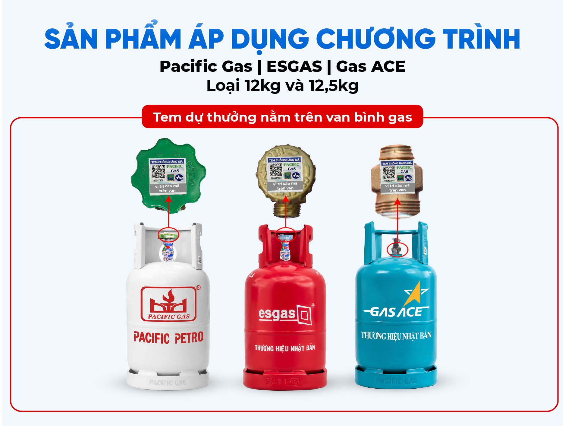 Pacific Gas ESGAS Gas ACE 12kg 12,5kg và vị trí tem trên van bình gas