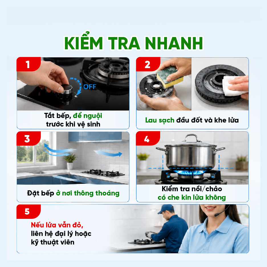 Năm bước kiểm tra khi lửa bếp gas chuyển sang màu đỏ hoặc vàng
