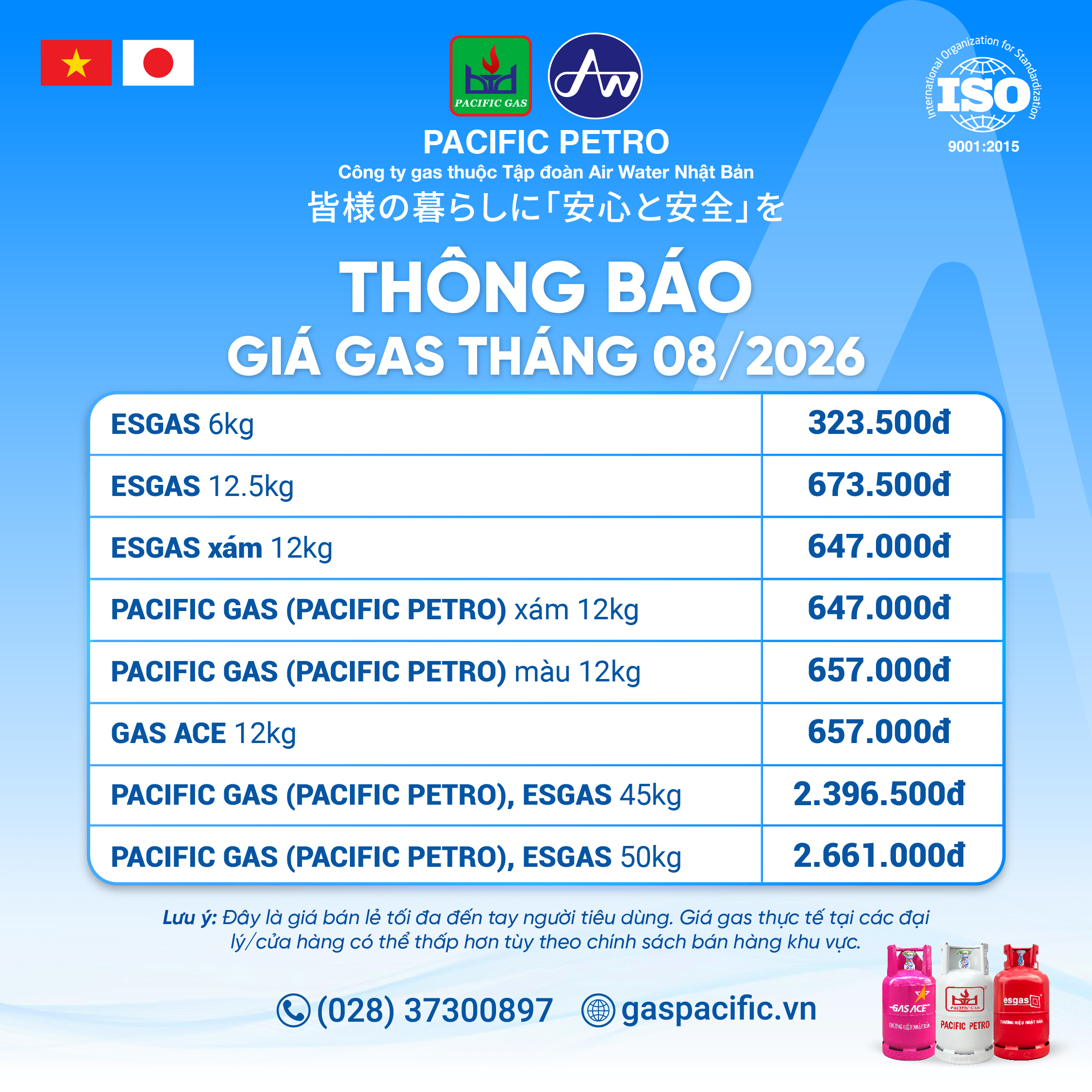Thông báo giá gas Pacific Petro tháng 08/2026