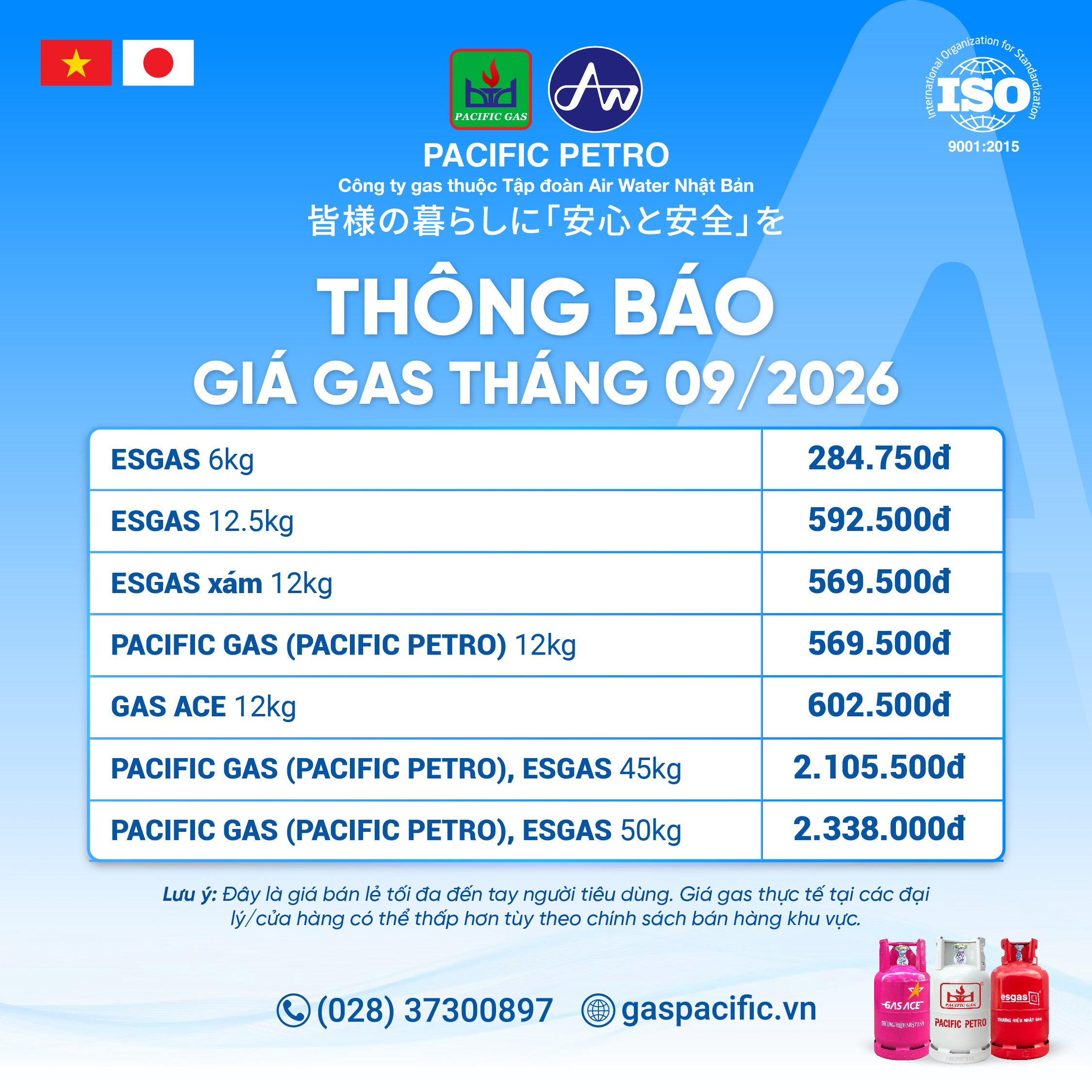 pacific petro Thông báo giá gas tháng 9/2026
