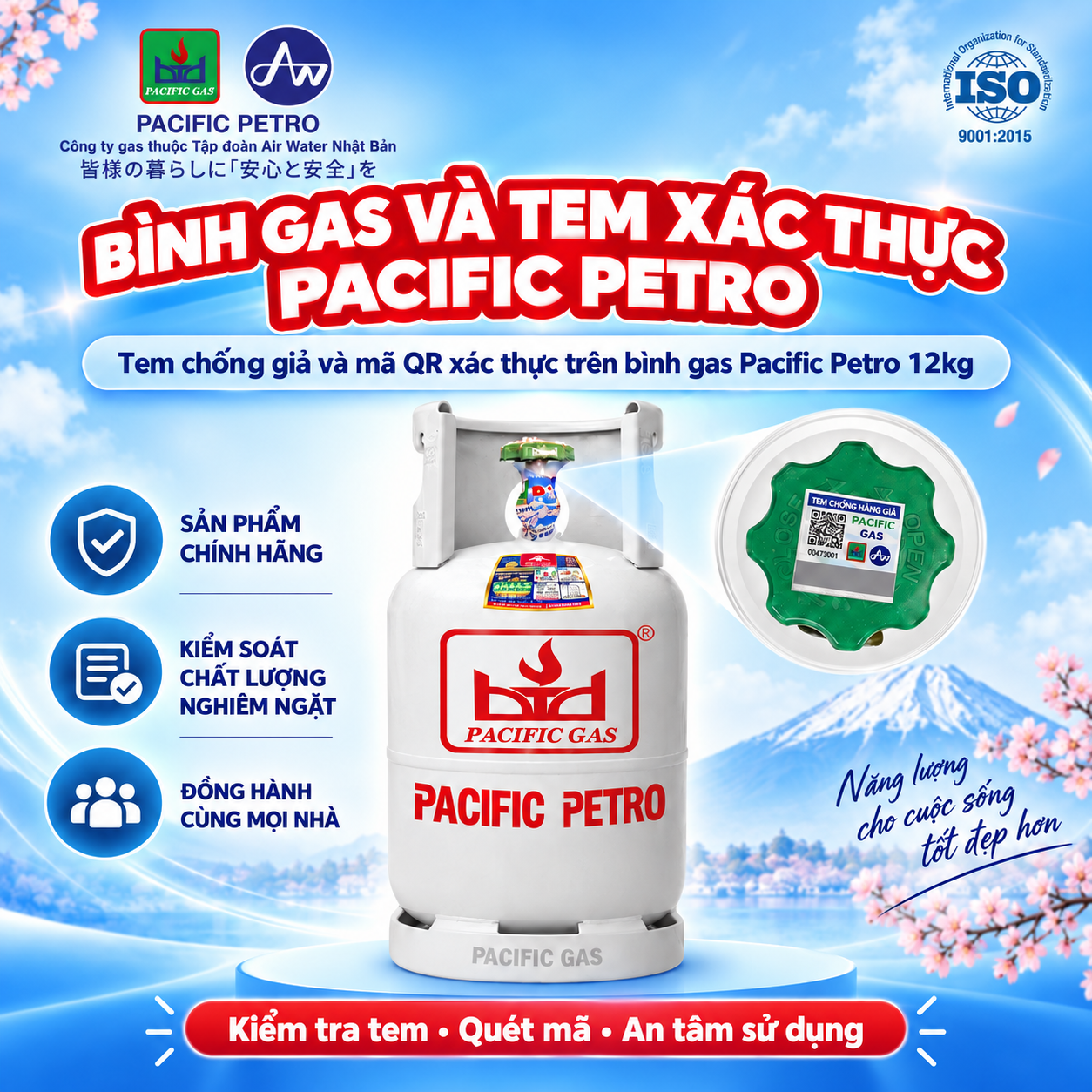 Bình gas dân dụng 12kg Pacific Petro với tem chống giả và mã QR xác thực