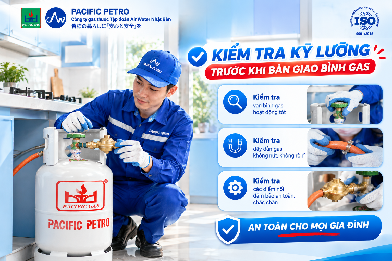 Nhân viên kiểm tra van điều áp dây dẫn và các điểm kết nối bình gas 
